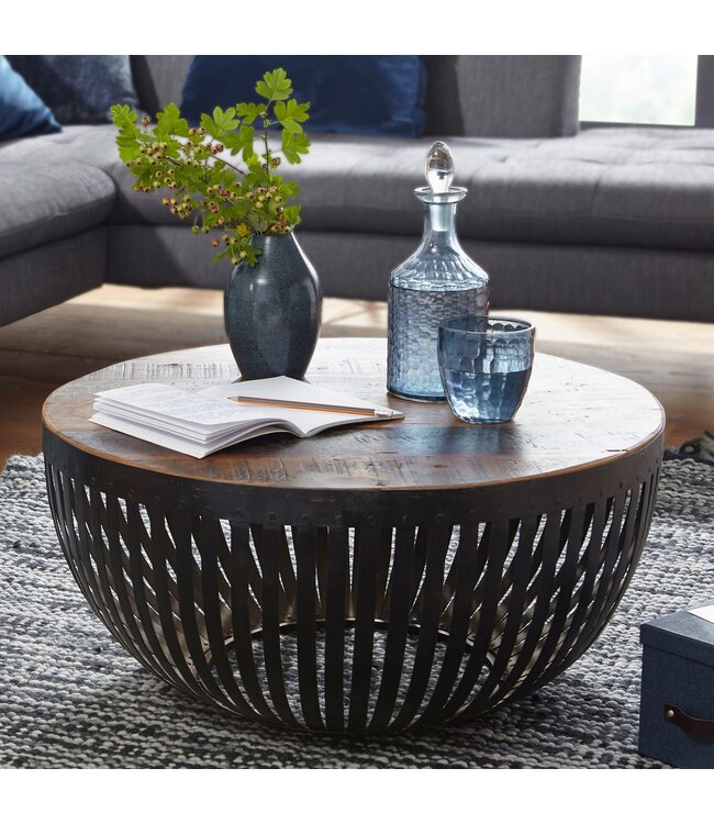 Wohnling salontafel NISHA 70x33x70 cm hout / metaal salontafel van industriële installaties | Salontafel met draadmand | Salontafel met metalen frame | Clubtafel Lounge-tafel | Ontwerp Stubentisch rond