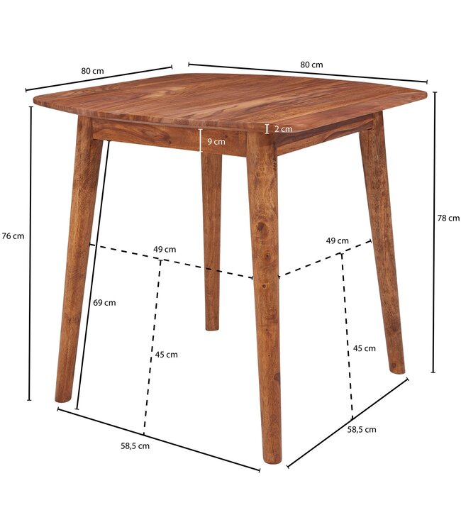 Wohnling eettafel WL5.571 Sheesham 80x78x80 cm massief houten tafel | Design keukentafel hout | Massieve houten tafel Rustiek | Eettafel Massief echt hout Modern