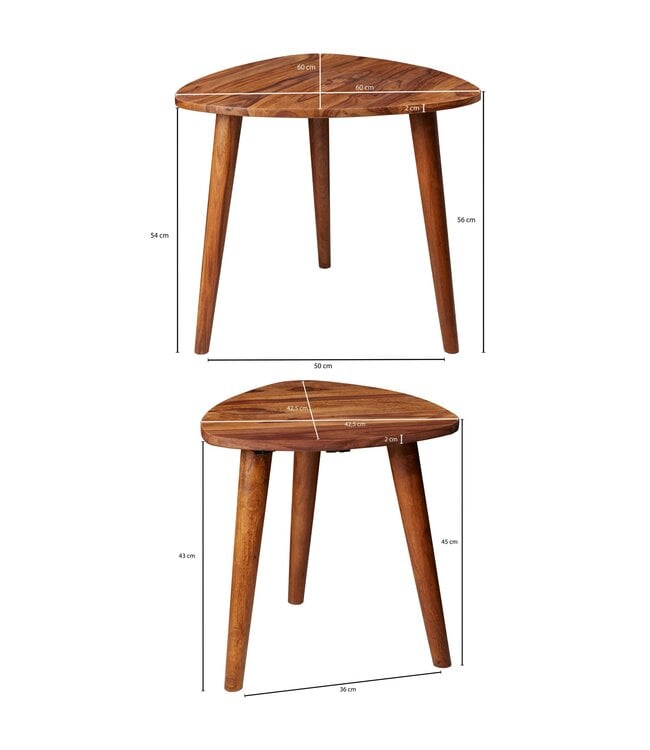 Wohnling Design nesttafel WL5.574 Sheesham massief houten bijzettafel set van 2 kleine | Koffietafel Set 2 houten tafels | Massief houten salontafel | Smalle salontafel van palissander