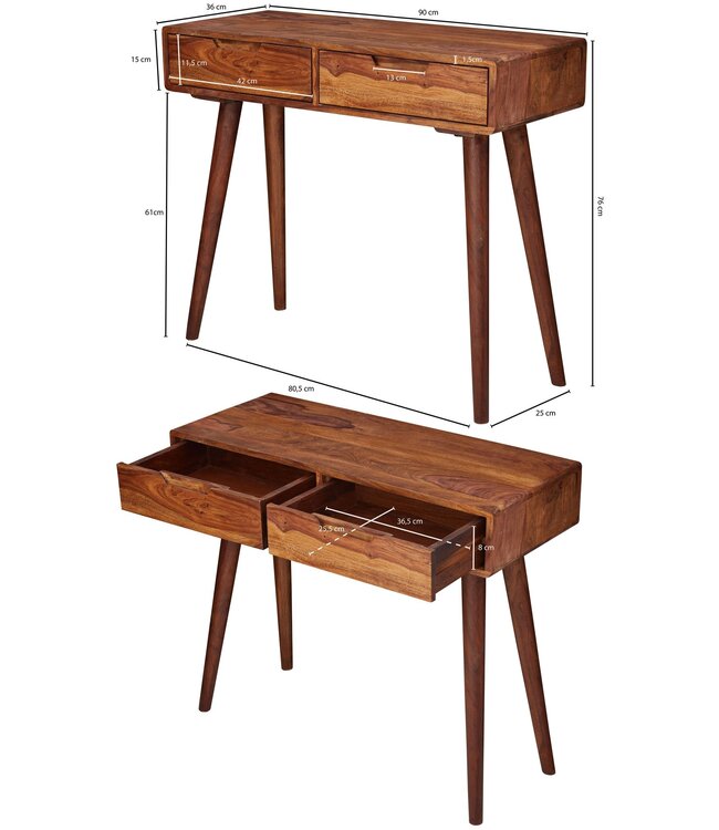 Wohnling Console tafel WL5.577 90x76x36cm Sheesham Massief hout met laden, Design Houten Dressoir Console Massief, Kleine Landelijke Bureau Haltafel, Kaptafel Bijzettafel Natuur