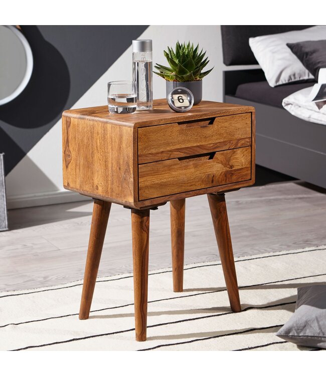 Wohnling 47 x 66 x 36 cm WL5.578 Sheesham Nachtkastje Boxspringbed | Nachtkastje 2 laden landelijke stijl | Nachtkastje bed massief houten bed | Nachtkastje Modern Nightbox Bruin