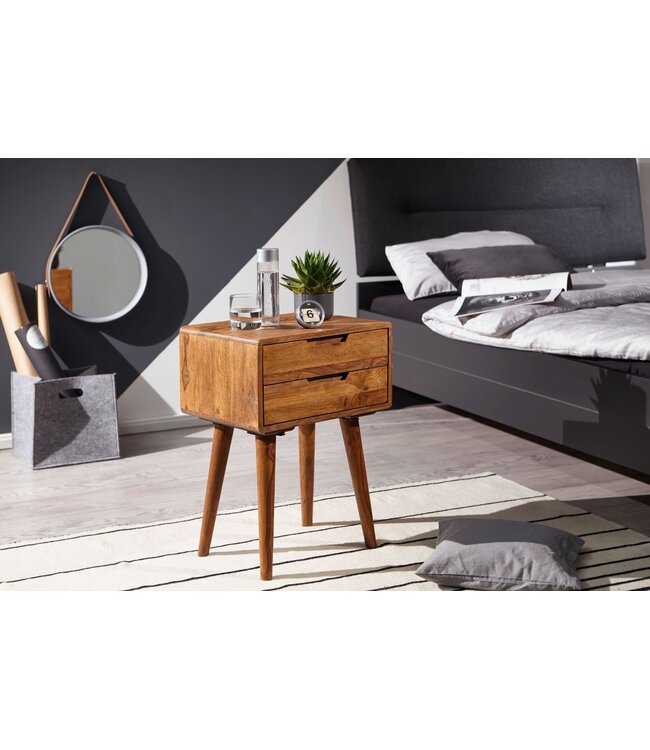 Wohnling 47 x 66 x 36 cm WL5.578 Sheesham Nachtkastje Boxspringbed | Nachtkastje 2 laden landelijke stijl | Nachtkastje bed massief houten bed | Nachtkastje Modern Nightbox Bruin
