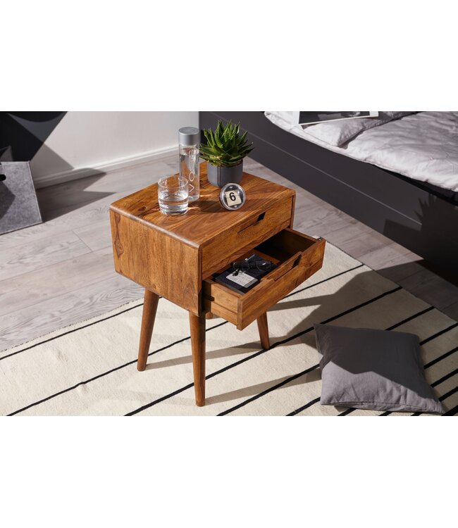 Wohnling 47 x 66 x 36 cm WL5.578 Sheesham Nachtkastje Boxspringbed | Nachtkastje 2 laden landelijke stijl | Nachtkastje bed massief houten bed | Nachtkastje Modern Nightbox Bruin