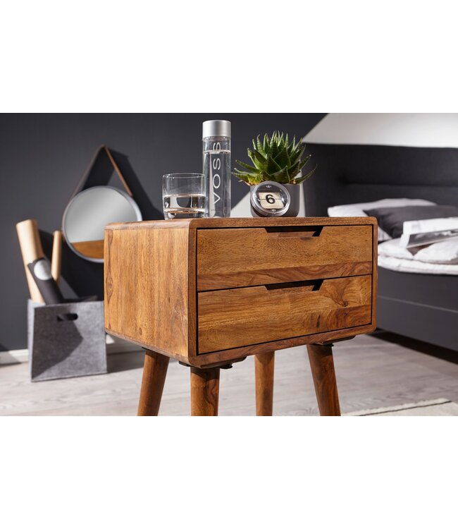 Wohnling 47 x 66 x 36 cm WL5.578 Sheesham Nachtkastje Boxspringbed | Nachtkastje 2 laden landelijke stijl | Nachtkastje bed massief houten bed | Nachtkastje Modern Nightbox Bruin