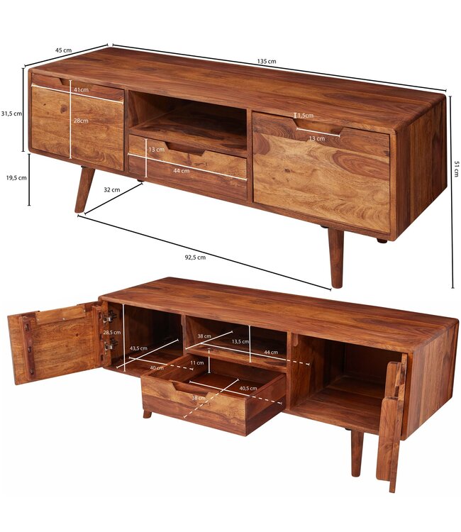 Wohnling HiFi lowboard AMANA Sheesham massief houten landelijke TV-dressoir 135x51x45cm | TV-kast Onderkast met lade en 2 deuren | Opbergvak voor tv-tafel | TV-meubel voor tv