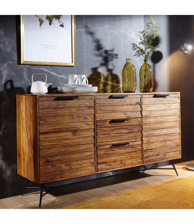 Wohnling Design Dressoir NISHAN 160x40x88 cm Sheesham massief hout | Commode met deuren en laden | Massief dressoir industrieel | Massief houten kast met metalen poten