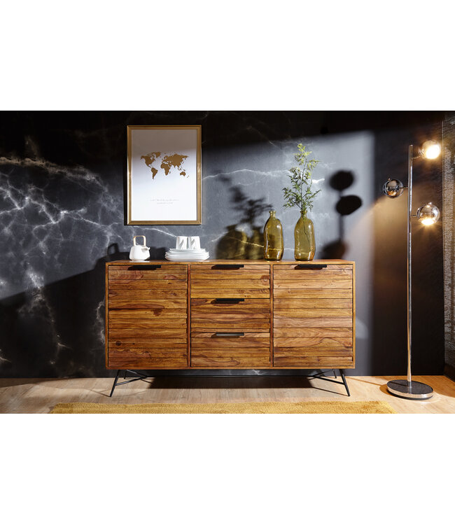 Wohnling Design Dressoir NISHAN 160x40x88 cm Sheesham massief hout | Commode met deuren en laden | Massief dressoir industrieel | Massief houten kast met metalen poten