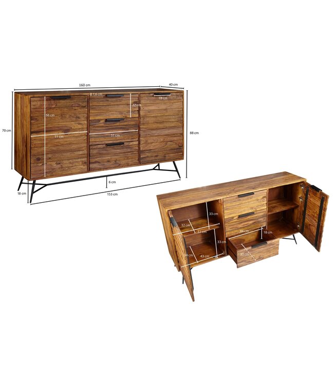 Wohnling Design Dressoir NISHAN 160x40x88 cm Sheesham massief hout | Commode met deuren en laden | Massief dressoir industrieel | Massief houten kast met metalen poten