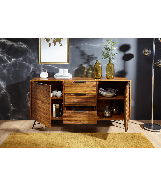Wohnling Design Dressoir NISHAN 160x40x88 cm Sheesham massief hout | Commode met deuren en laden | Massief dressoir industrieel | Massief houten kast met metalen poten