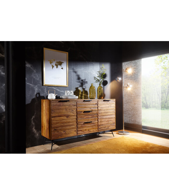 Wohnling Design Dressoir NISHAN 160x40x88 cm Sheesham massief hout | Commode met deuren en laden | Massief dressoir industrieel | Massief houten kast met metalen poten