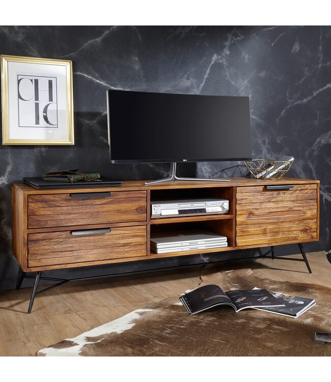Wohnling Lowboard NISHAN 160x54x40 cm Sheesham massief hout | Ontwerp hi-fi bord met opbergruimte en laden | Massief houten tv-meubel woonkamer Industriële tv-kist met metalen poten