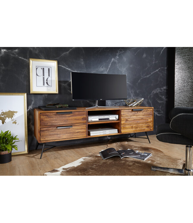 Wohnling Lowboard NISHAN 160x54x40 cm Sheesham massief hout | Ontwerp hi-fi bord met opbergruimte en laden | Massief houten tv-meubel woonkamer Industriële tv-kist met metalen poten