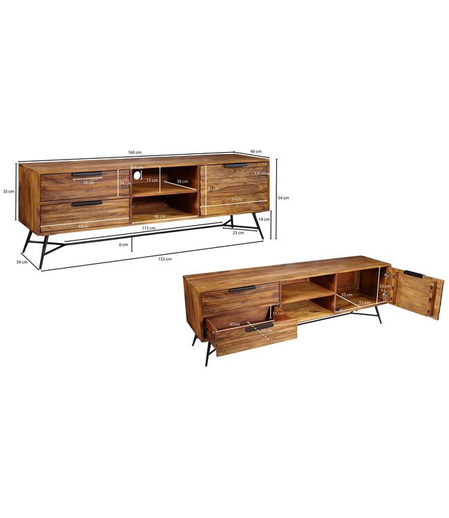 Wohnling Lowboard NISHAN 160x54x40 cm Sheesham massief hout | Ontwerp hi-fi bord met opbergruimte en laden | Massief houten tv-meubel woonkamer Industriële tv-kist met metalen poten