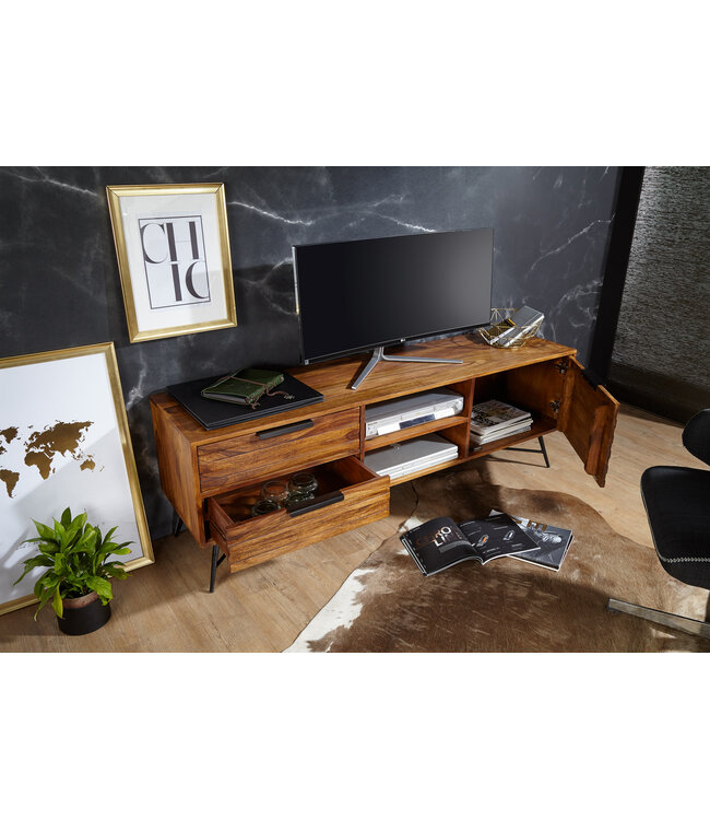 Wohnling Lowboard NISHAN 160x54x40 cm Sheesham massief hout | Ontwerp hi-fi bord met opbergruimte en laden | Massief houten tv-meubel woonkamer Industriële tv-kist met metalen poten