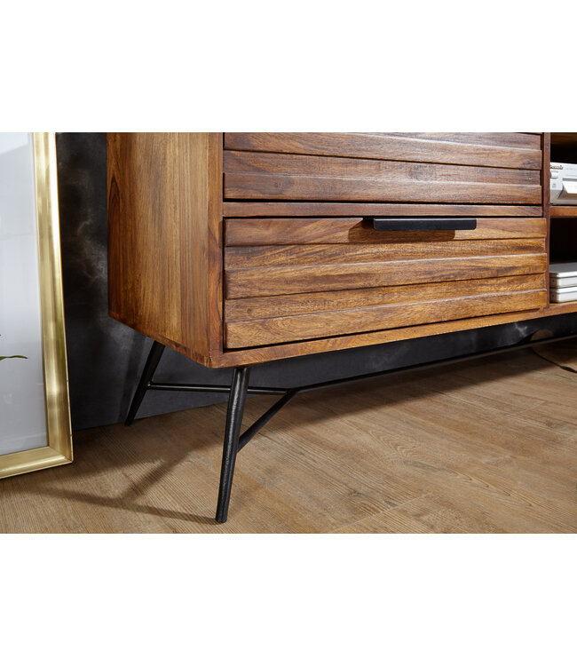 Wohnling Lowboard NISHAN 160x54x40 cm Sheesham massief hout | Ontwerp hi-fi bord met opbergruimte en laden | Massief houten tv-meubel woonkamer Industriële tv-kist met metalen poten