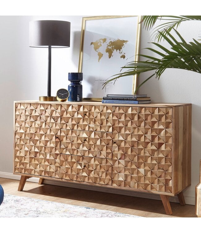 Wohnling Dressoir REWA 140x78,5x40 cm Dressoir Massief Hout Acacia Cabinet Bruin | Landelijke kist met 3 laden en 2 deuren | Hal kabinet echt hout | Lade ladekast effen | hal dresser