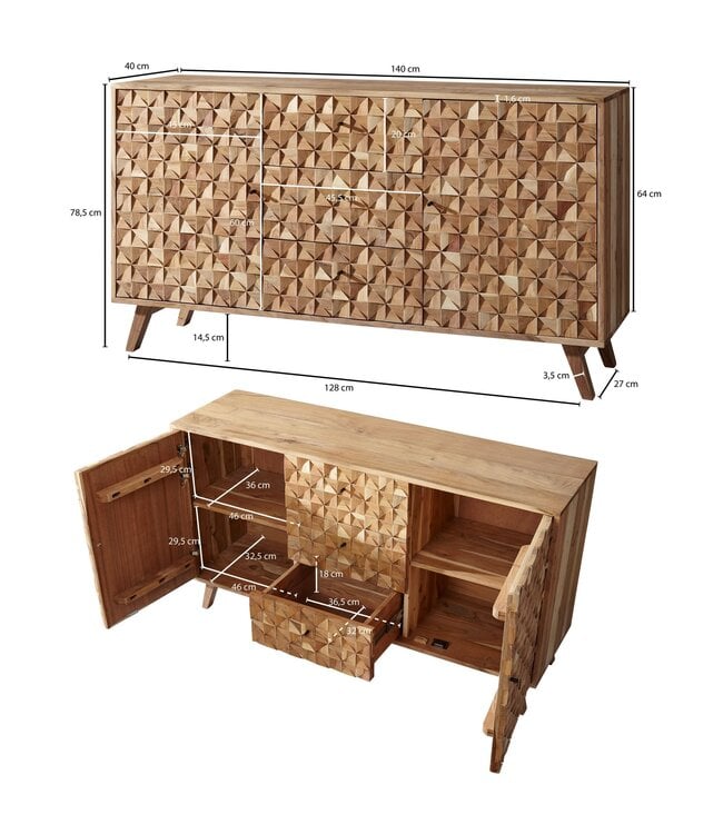 Wohnling Dressoir REWA 140x78,5x40 cm Dressoir Massief Hout Acacia Cabinet Bruin | Landelijke kist met 3 laden en 2 deuren | Hal kabinet echt hout | Lade ladekast effen | hal dresser