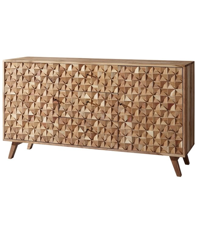 Wohnling Dressoir REWA 140x78,5x40 cm Dressoir Massief Hout Acacia Cabinet Bruin | Landelijke kist met 3 laden en 2 deuren | Hal kabinet echt hout | Lade ladekast effen | hal dresser