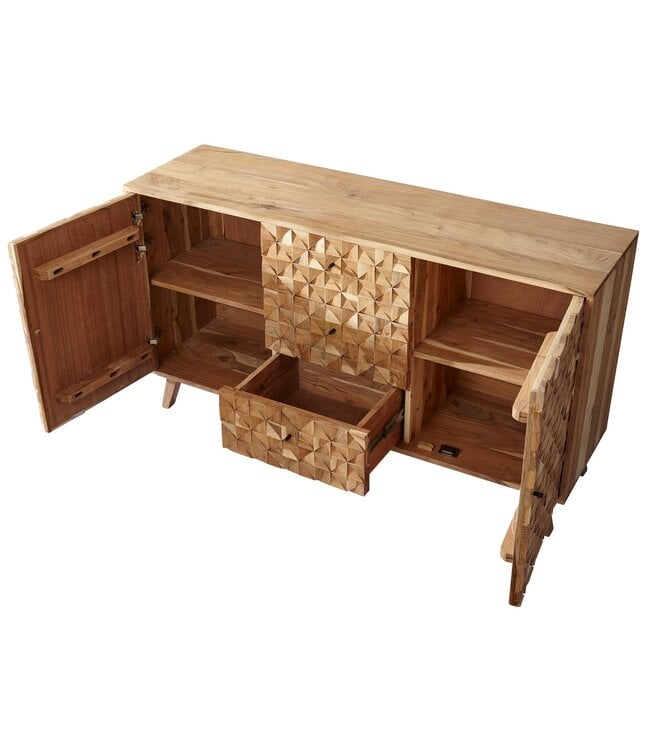 Wohnling Dressoir REWA 140x78,5x40 cm Dressoir Massief Hout Acacia Cabinet Bruin | Landelijke kist met 3 laden en 2 deuren | Hal kabinet echt hout | Lade ladekast effen | hal dresser