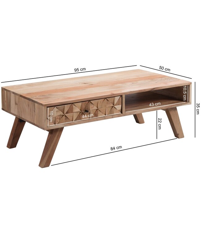 Wohnling salontafel REWA 95x35x50 cm Acacia massief houten salontafel | Ontwerp salontafel met lade | Stubentisch Landhaus Braun | Ontwerper Houten Tafel Koffietafel Massief | Tafel Woonkamer Modern