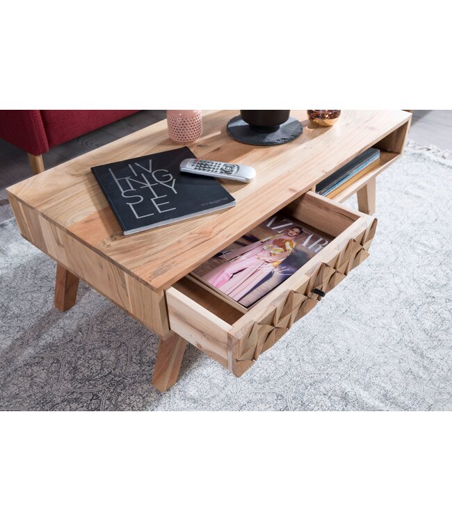 Wohnling salontafel REWA 95x35x50 cm Acacia massief houten salontafel | Ontwerp salontafel met lade | Stubentisch Landhaus Braun | Ontwerper Houten Tafel Koffietafel Massief | Tafel Woonkamer Modern