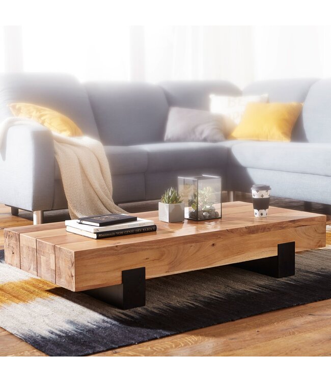 Wohnling Salontafel 130x59x25cm Acacia Massief Hout / Metaal Sofatafel, Design Woonkamertafel Modern, Bijzettafel Bruin / Zwart, Designer Koffietafel Massief, Rechthoekige Woonkamertafel
