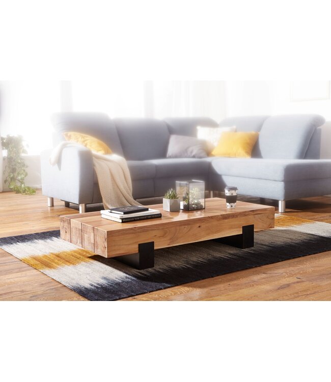 Wohnling Salontafel 130x59x25cm Acacia Massief Hout / Metaal Sofatafel, Design Woonkamertafel Modern, Bijzettafel Bruin / Zwart, Designer Koffietafel Massief, Rechthoekige Woonkamertafel