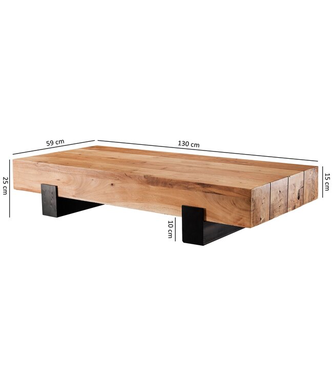 Wohnling Salontafel 130x59x25cm Acacia Massief Hout / Metaal Sofatafel, Design Woonkamertafel Modern, Bijzettafel Bruin / Zwart, Designer Koffietafel Massief, Rechthoekige Woonkamertafel