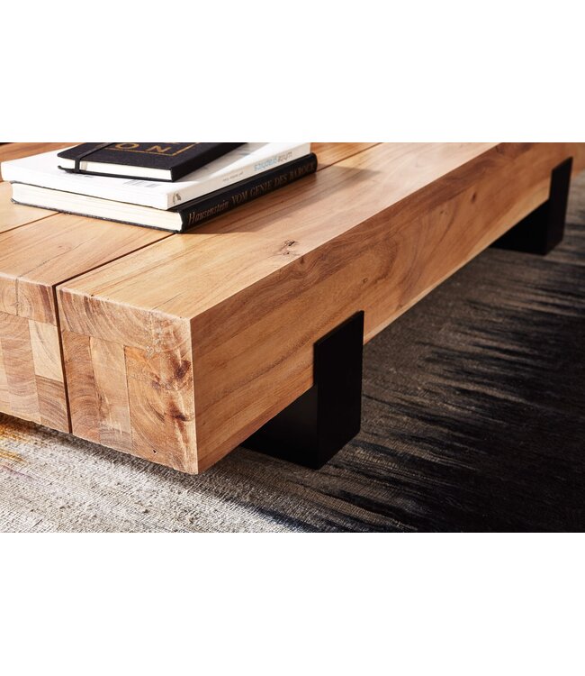 Wohnling Salontafel 130x59x25cm Acacia Massief Hout / Metaal Sofatafel, Design Woonkamertafel Modern, Bijzettafel Bruin / Zwart, Designer Koffietafel Massief, Rechthoekige Woonkamertafel