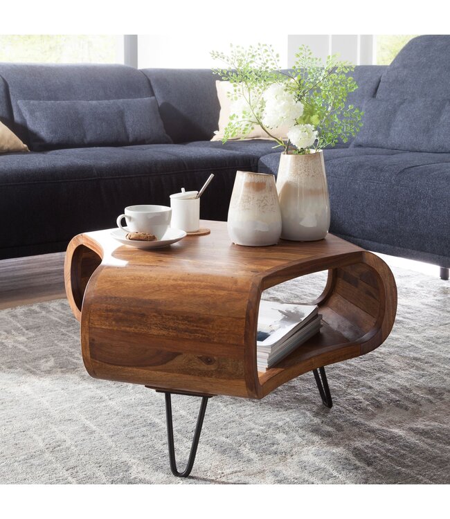 Wohnling WL5.603 Sheesham 60x60x35 cm Massief houten plank & metalen frame | Retro salontafel Rechthoekig massief hout Bruin | Banktafel Modieuze houten tafel | Tafel met compartiment woonkamer