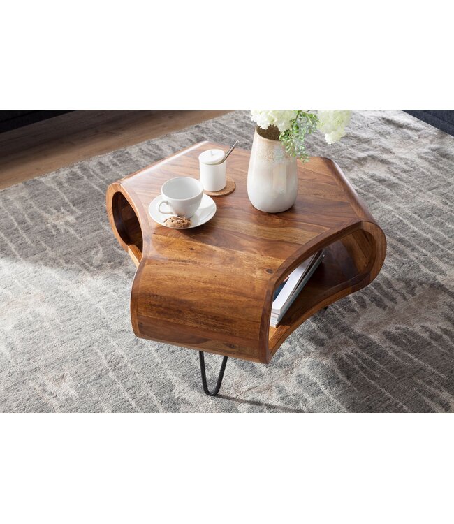 Wohnling WL5.603 Sheesham 60x60x35 cm Massief houten plank & metalen frame | Retro salontafel Rechthoekig massief hout Bruin | Banktafel Modieuze houten tafel | Tafel met compartiment woonkamer