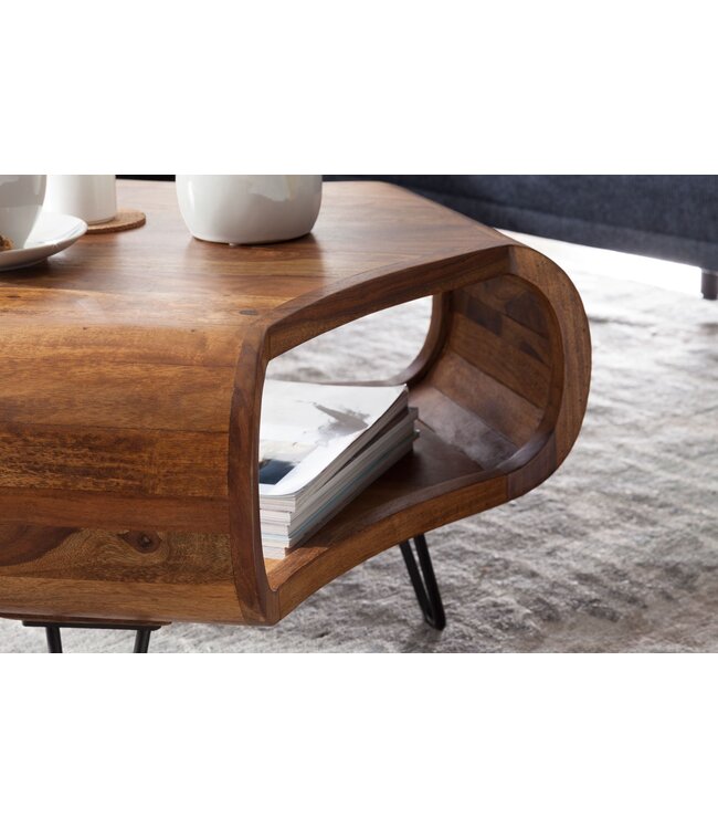 Wohnling WL5.603 Sheesham 60x60x35 cm Massief houten plank & metalen frame | Retro salontafel Rechthoekig massief hout Bruin | Banktafel Modieuze houten tafel | Tafel met compartiment woonkamer