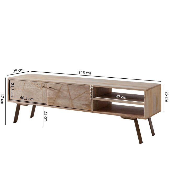 Wohnling HiFi Lowboard SIKAR Massief Houten Country TV Dressoir Mango 145x47x35cm | TV-meubel Onderkast met 2 deuren | Opbergvak voor tv-tafel | TV-meubel voor tv | Tv-bord woonkamer