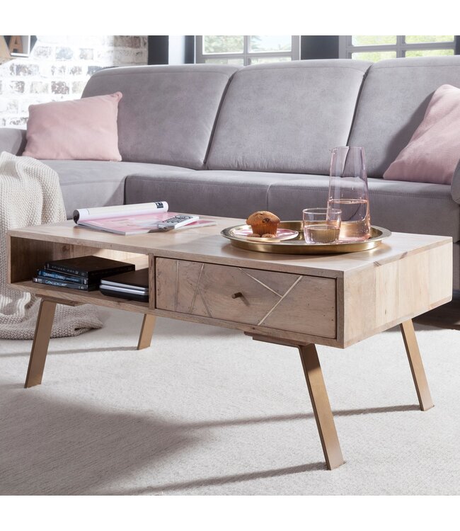 Wohnling salontafel SIKAR 95x42x50cm Mango massief hout / metalen salontafel | Design salontafel met lade | Kamertafel landhuis bruin | Design houten salontafel massief | Tafel woonkamer