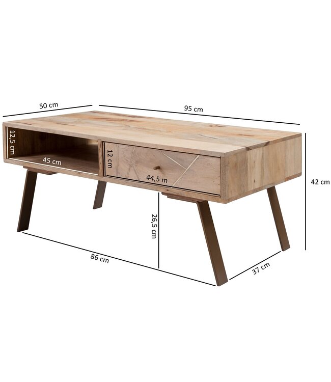 Wohnling salontafel SIKAR 95x42x50cm Mango massief hout / metalen salontafel | Design salontafel met lade | Kamertafel landhuis bruin | Design houten salontafel massief | Tafel woonkamer
