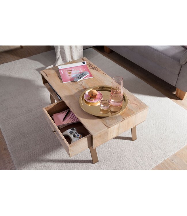 Wohnling salontafel SIKAR 95x42x50cm Mango massief hout / metalen salontafel | Design salontafel met lade | Kamertafel landhuis bruin | Design houten salontafel massief | Tafel woonkamer