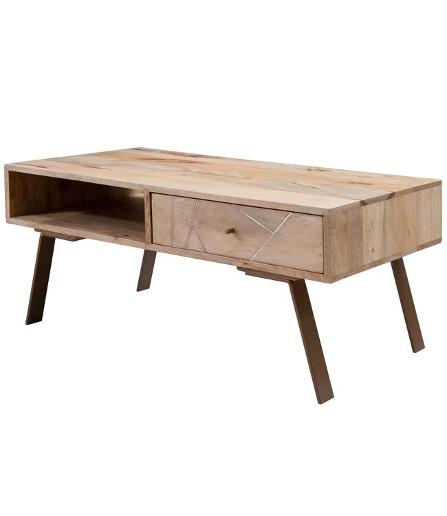 Wohnling salontafel SIKAR 95x42x50cm Mango massief hout / metalen salontafel | Design salontafel met lade | Kamertafel landhuis bruin | Design houten salontafel massief | Tafel woonkamer