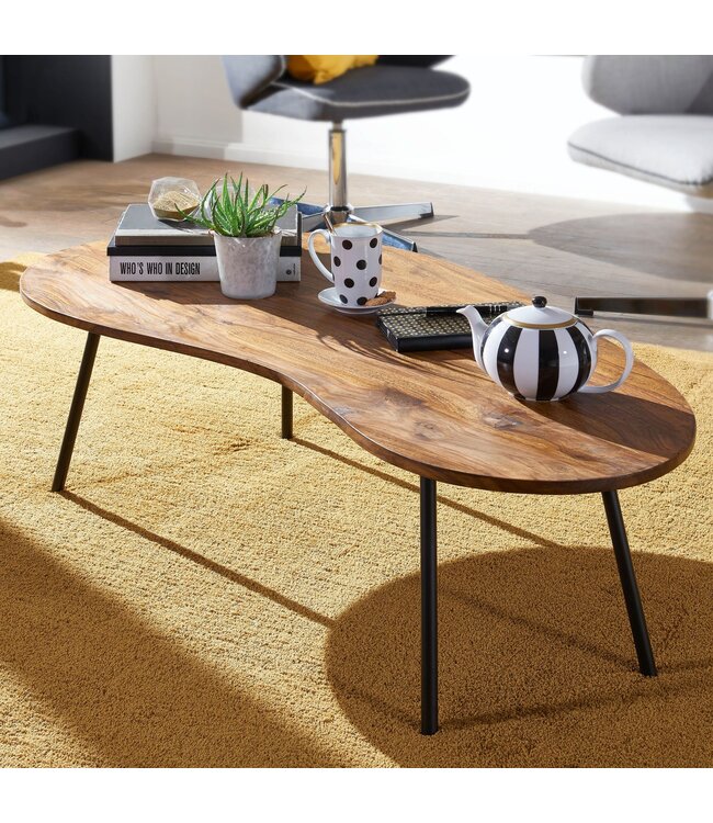 Wohnling Design salontafel KASI 122x36x63 cm Sheesham met metalen poten Zwart | Niertafel Massief hout Grijs | Houten tafelpoten Metaal | Koel massief houten tafel | Tafel plat modern