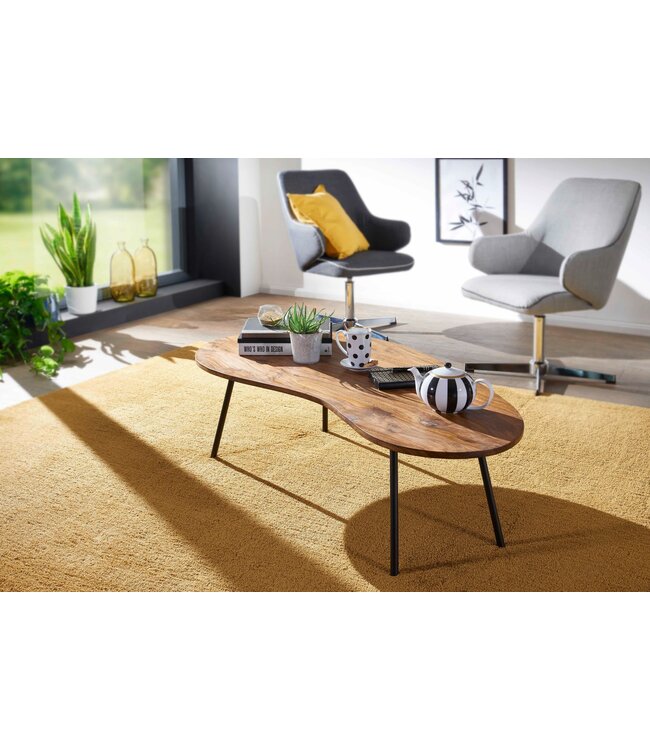Wohnling Design salontafel KASI 122x36x63 cm Sheesham met metalen poten Zwart | Niertafel Massief hout Grijs | Houten tafelpoten Metaal | Koel massief houten tafel | Tafel plat modern