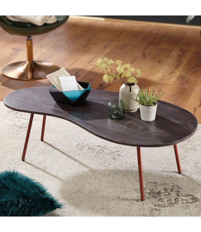 Wohnling Design salontafel JAI 122x34,5x63 cm Acacia met metalen poten koper | Niertafel Massief hout Grijs | Houten tafelpoten Metaal | Koel massief houten tafel | Tafel plat modern