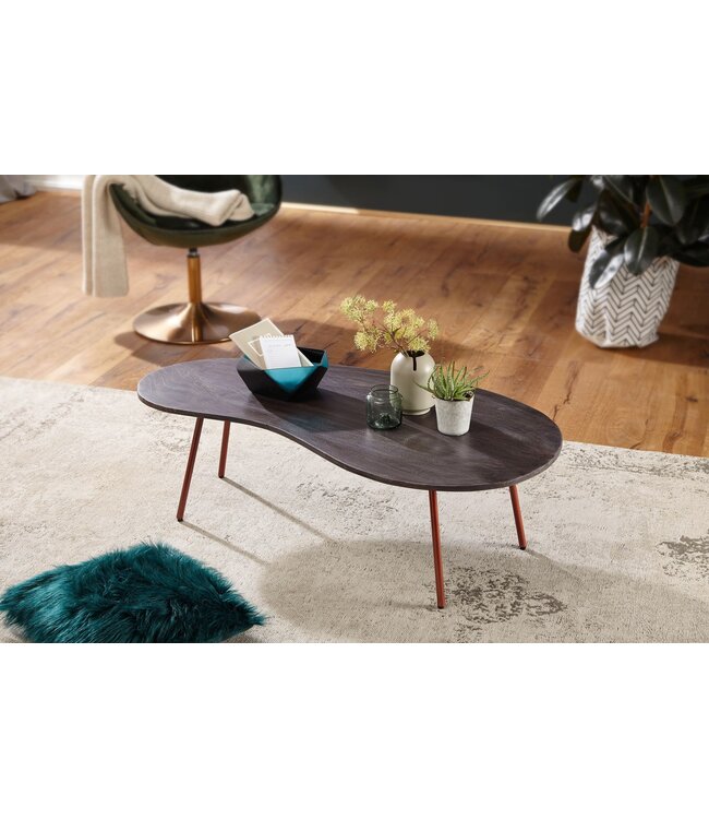 Wohnling Design salontafel JAI 122x34,5x63 cm Acacia met metalen poten koper | Niertafel Massief hout Grijs | Houten tafelpoten Metaal | Koel massief houten tafel | Tafel plat modern
