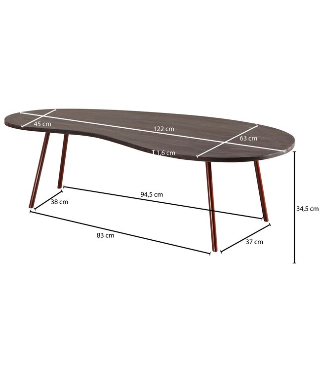 Wohnling Design salontafel JAI 122x34,5x63 cm Acacia met metalen poten koper | Niertafel Massief hout Grijs | Houten tafelpoten Metaal | Koel massief houten tafel | Tafel plat modern