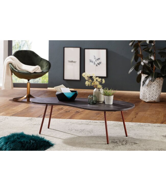 Wohnling Design salontafel JAI 122x34,5x63 cm Acacia met metalen poten koper | Niertafel Massief hout Grijs | Houten tafelpoten Metaal | Koel massief houten tafel | Tafel plat modern