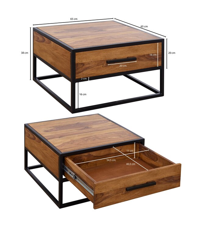 Wohnling salontafel WL5.623 massief houten / metalen zitbank 65x38x65cm | Design salontafel Sheesham | Stubentable Industrial Brown | Ontwerper Houten Tafel Koffietafel Massief | Woonkamer met tafel