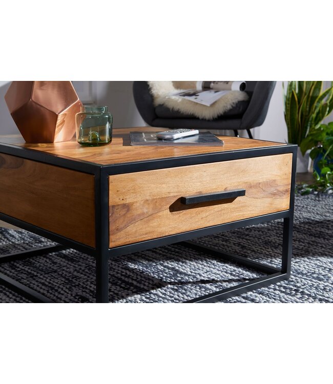 Wohnling salontafel WL5.623 massief houten / metalen zitbank 65x38x65cm | Design salontafel Sheesham | Stubentable Industrial Brown | Ontwerper Houten Tafel Koffietafel Massief | Woonkamer met tafel