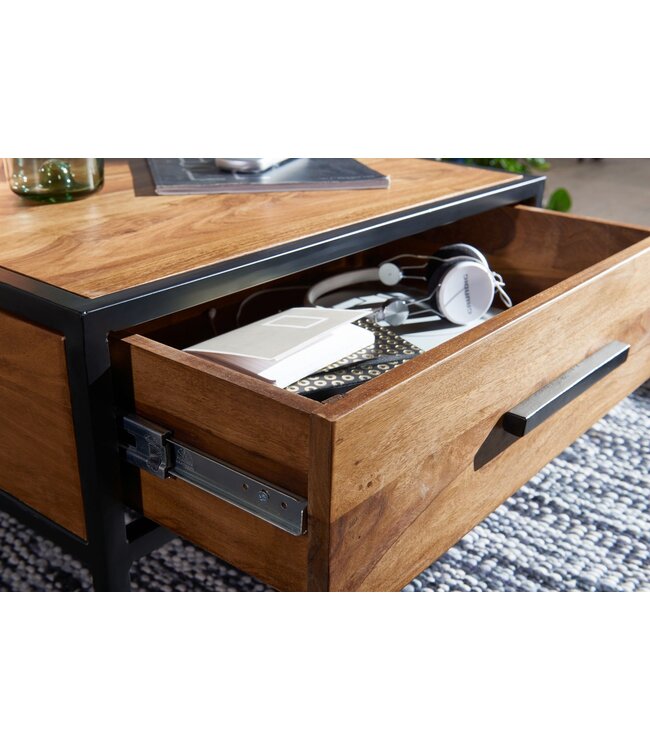 Wohnling salontafel WL5.623 massief houten / metalen zitbank 65x38x65cm | Design salontafel Sheesham | Stubentable Industrial Brown | Ontwerper Houten Tafel Koffietafel Massief | Woonkamer met tafel