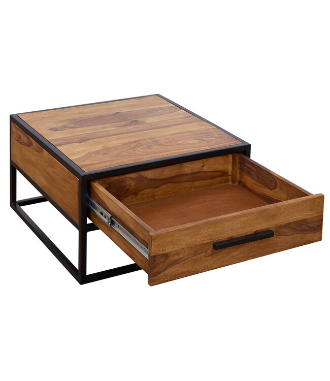 Wohnling salontafel WL5.623 massief houten / metalen zitbank 65x38x65cm | Design salontafel Sheesham | Stubentable Industrial Brown | Ontwerper Houten Tafel Koffietafel Massief | Woonkamer met tafel