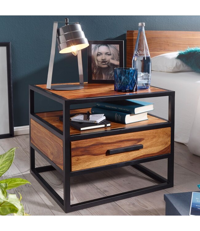 Wohnling 50 x 45 x 45 cm WL5.624 Sheesham Wood Metaal Zwart nachtkastje Nachtkastje met lade Industrieel ontwerp | Industrieel nachtkastje bed | Nachtkastje nachtkastje bruin