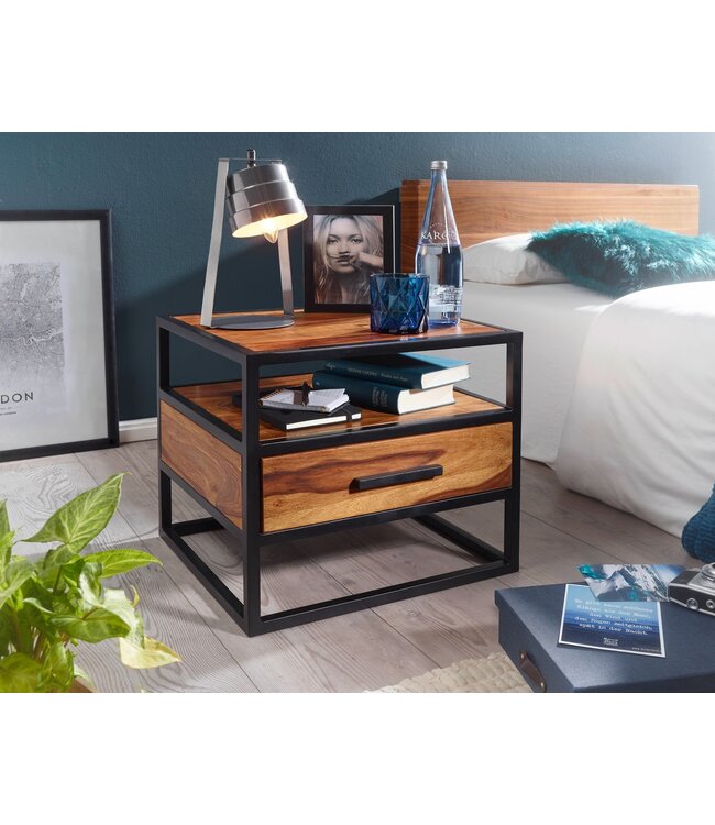 Wohnling 50 x 45 x 45 cm WL5.624 Sheesham Wood Metaal Zwart nachtkastje Nachtkastje met lade Industrieel ontwerp | Industrieel nachtkastje bed | Nachtkastje nachtkastje bruin