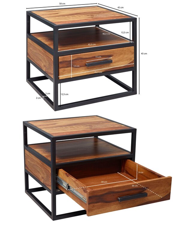 Wohnling 50 x 45 x 45 cm WL5.624 Sheesham Wood Metaal Zwart nachtkastje Nachtkastje met lade Industrieel ontwerp | Industrieel nachtkastje bed | Nachtkastje nachtkastje bruin